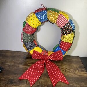 Vintage Hand Stitched‎ Quilt Patch Work Fabric Wreath 19" Cottagecore